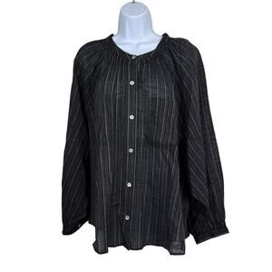 Wrap London Top Womens 14 Black with White Stripe Cotton Gauze Blouse Lagenlook